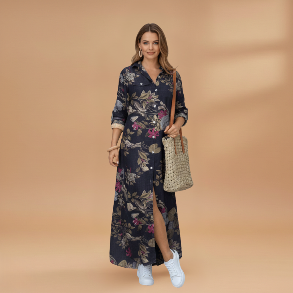 Women's Maxi Dress with Long Sleeves and Floral Pattern