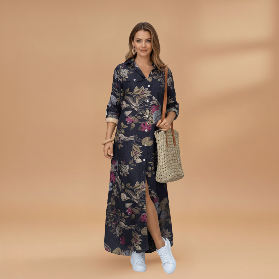 Women's Maxi Dress with Long Sleeves and Floral Pattern
