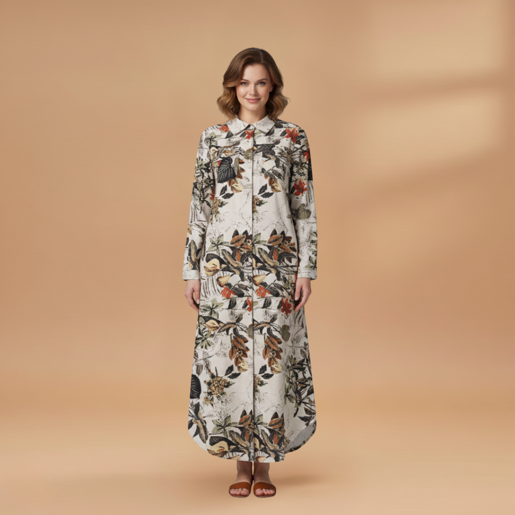 Women's Maxi Dress with Long Sleeves and Floral Pattern