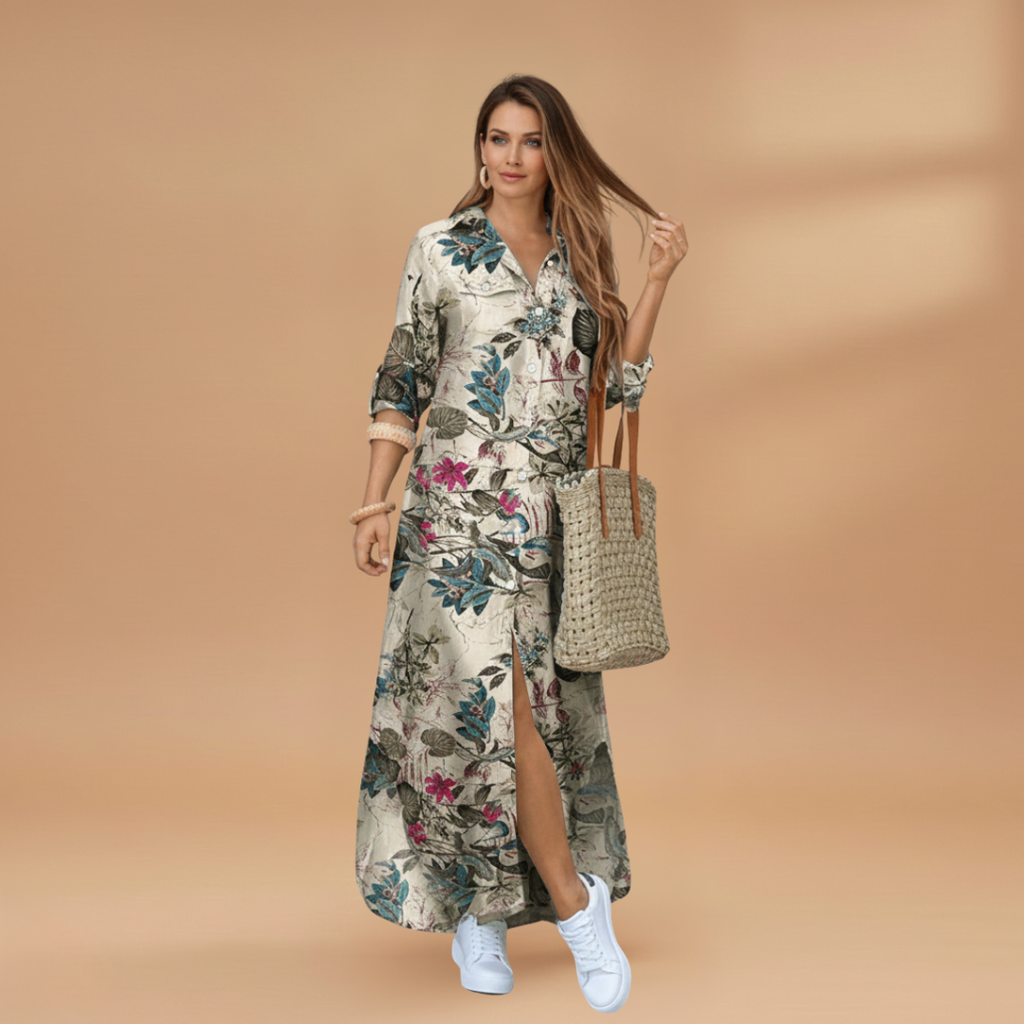 Women's Maxi Dress with Long Sleeves and Floral Pattern