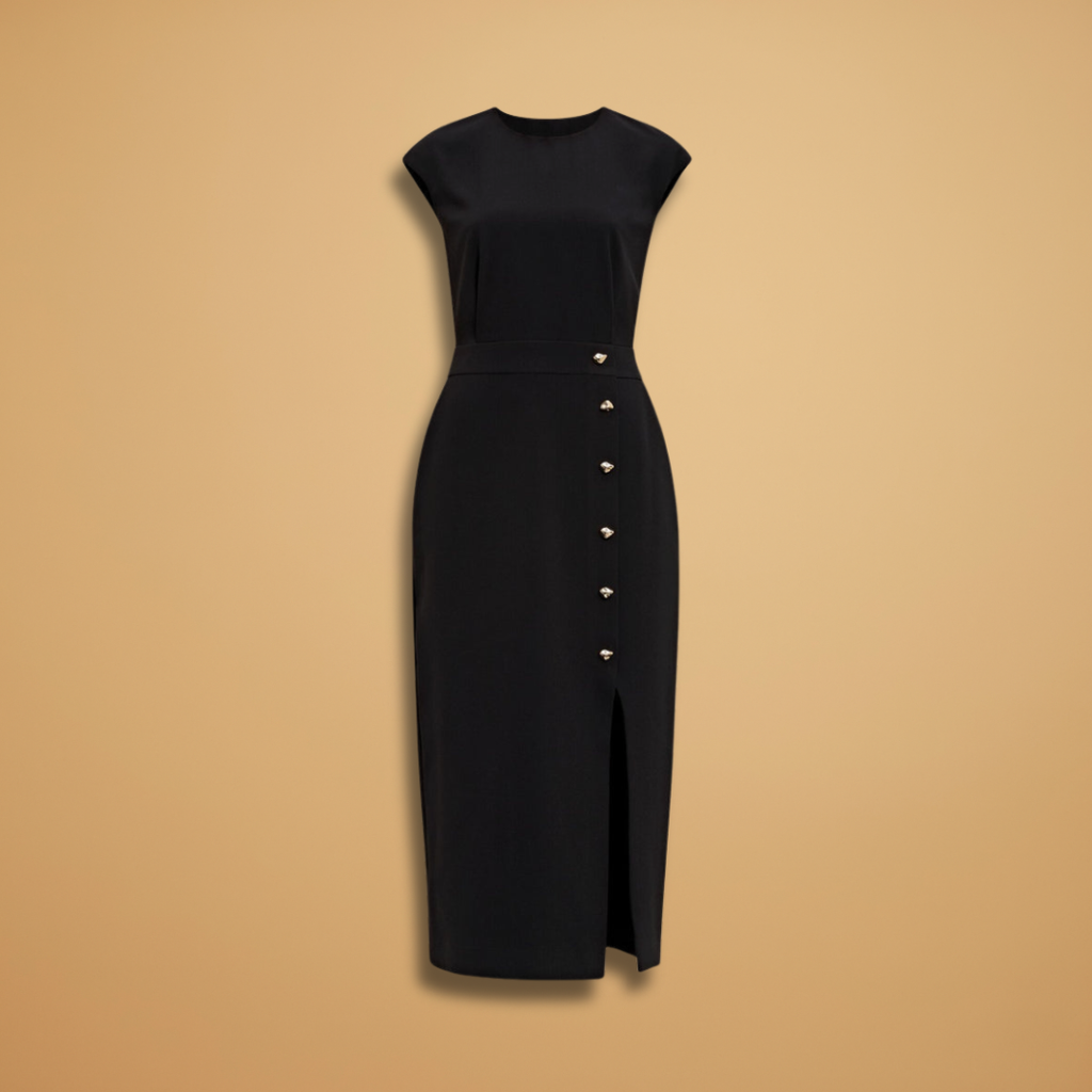 Women's Midi Dress with Ribbed Texture and Button Detailing
