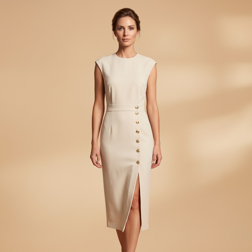 Women's Midi Dress with Ribbed Texture and Button Detailing