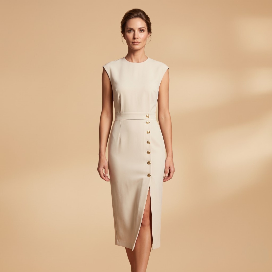 Women's Midi Dress with Ribbed Texture and Button Detailing