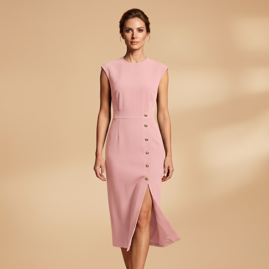 Women's Midi Dress with Ribbed Texture and Button Detailing
