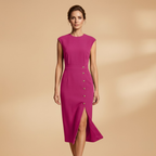 Women's Midi Dress with Ribbed Texture and Button Detailing