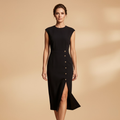 Women's Midi Dress with Ribbed Texture and Button Detailing