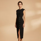 Women's Midi Dress with Ribbed Texture and Button Detailing