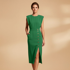 Women's Midi Dress with Ribbed Texture and Button Detailing