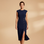 Women's Midi Dress with Ribbed Texture and Button Detailing