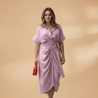 Women's Midi Dress with Short Sleeves and Tie Waist