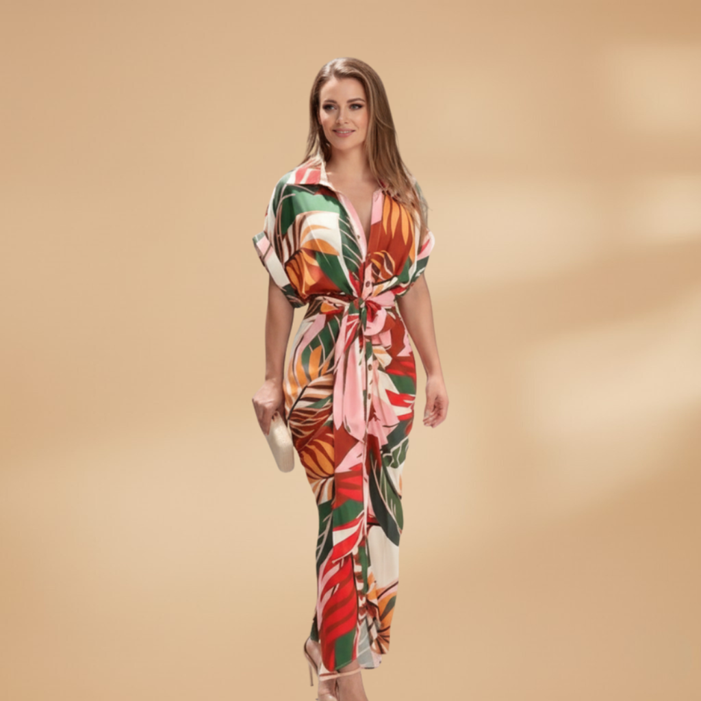 Women's Midi Dress with Short Sleeves and Tie Waist