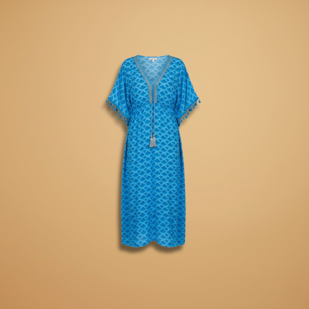 Women's Midi Dress with V-Neck and Puffed Short Sleeves