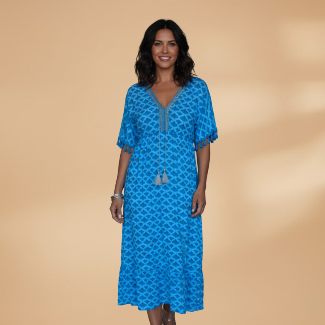 Women's Midi Dress with V-Neck and Puffed Short Sleeves