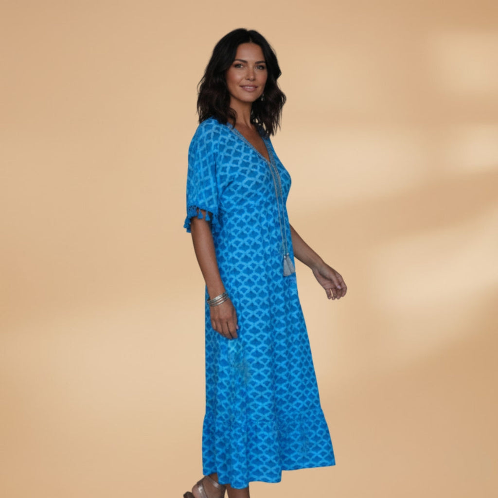 Women's Midi Dress with V-Neck and Puffed Short Sleeves