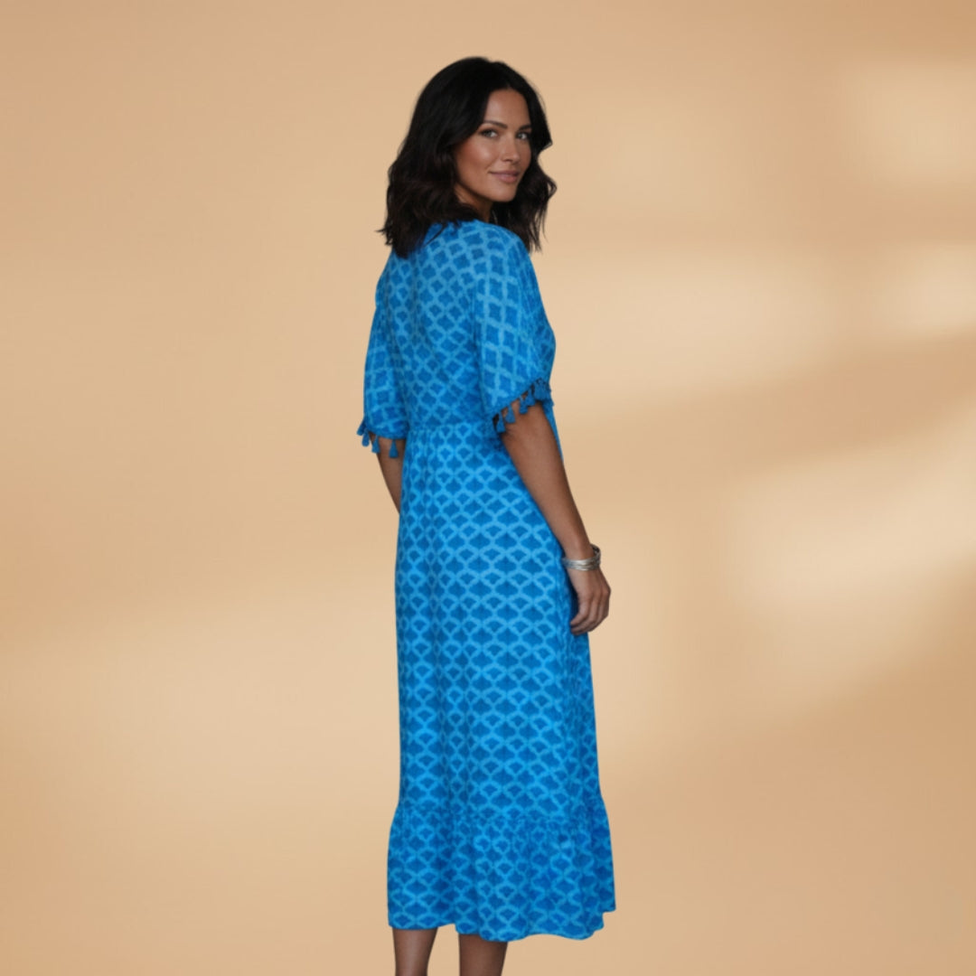 Women's Midi Dress with V-Neck and Puffed Short Sleeves