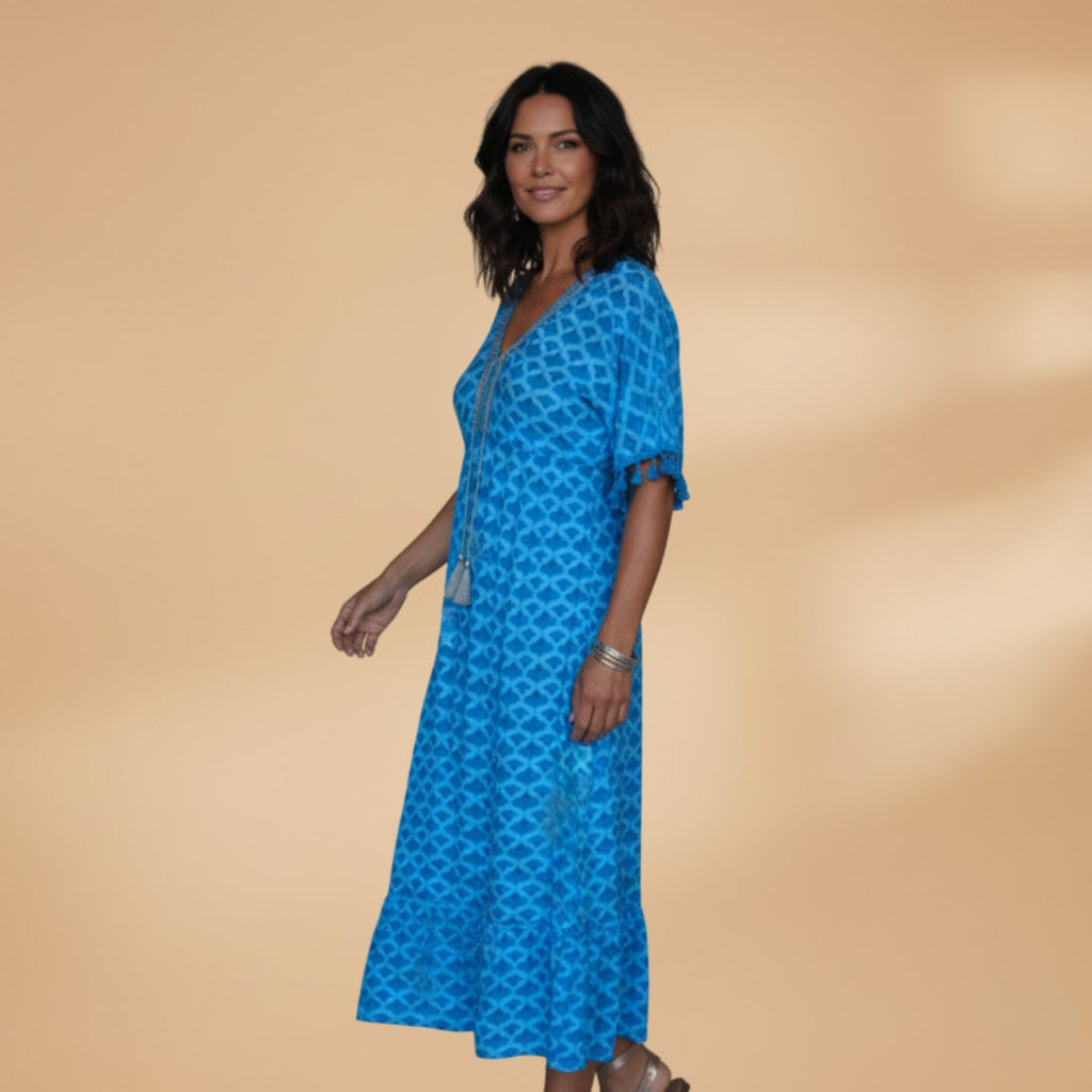 Women's Midi Dress with V-Neck and Puffed Short Sleeves