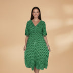 Women's Midi Dress with V-Neck and Puffed Short Sleeves