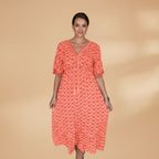 Women's Midi Dress with V-Neck and Puffed Short Sleeves