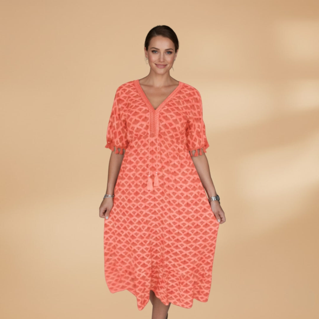 Women's Midi Dress with V-Neck and Puffed Short Sleeves