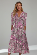 Women’s Midi Dress with V-Neck and Three-Quarter Sleeves