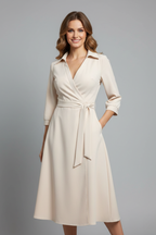 Women’s Midi Dress with V-Shaped Neckline and Long Sleeves