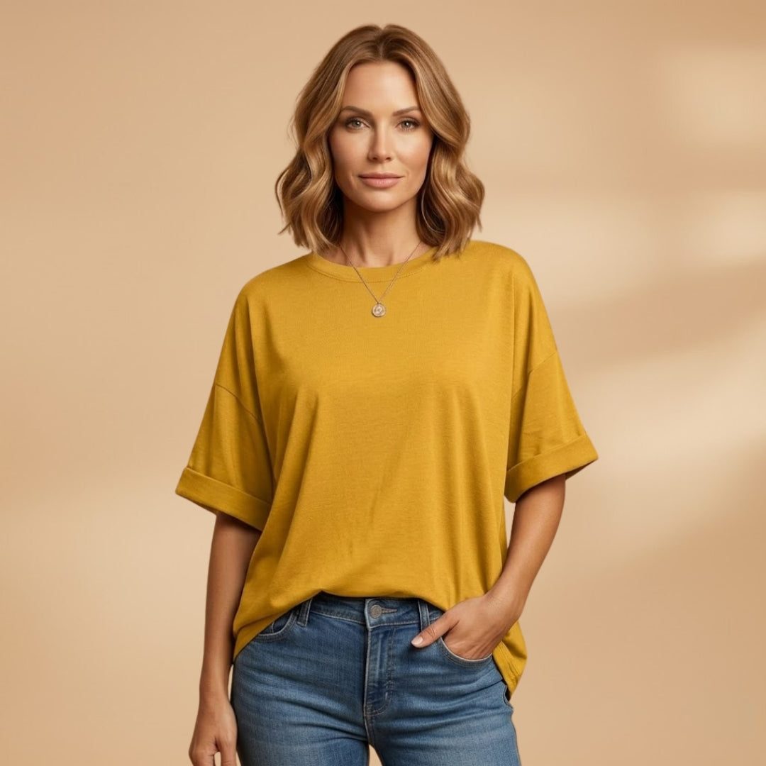 Women’s Oversized T-Shirt with Round Neck and Cuffed Sleeves