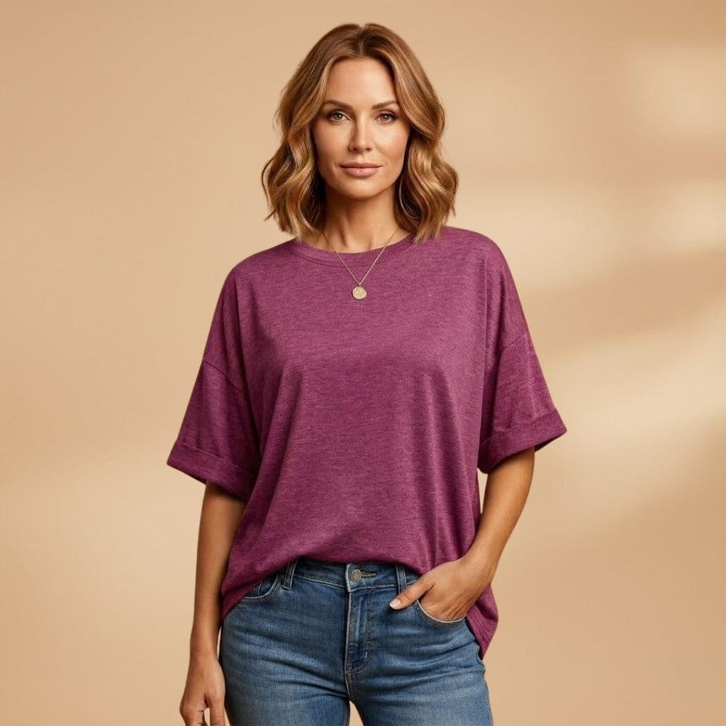 Women’s Oversized T-Shirt with Round Neck and Cuffed Sleeves