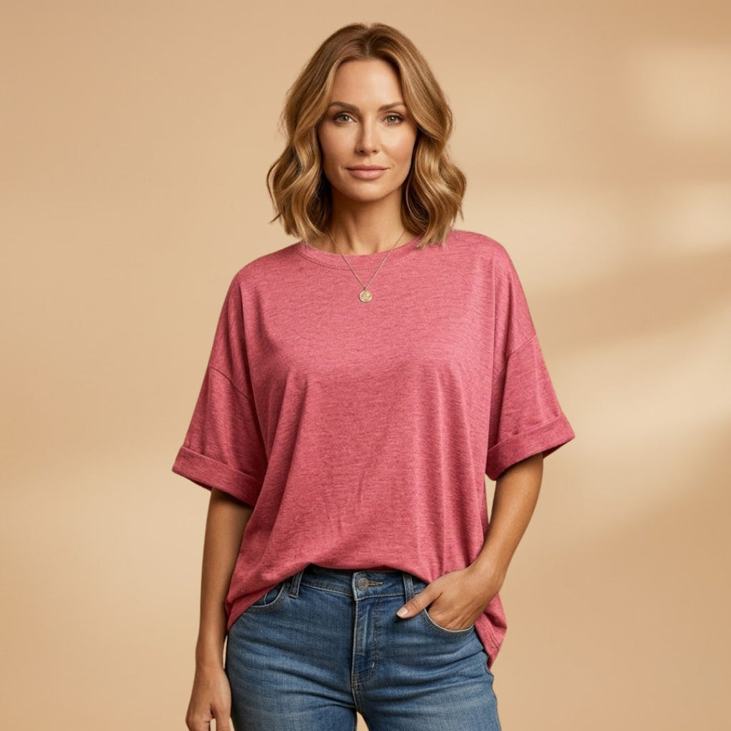 Women’s Oversized T-Shirt with Round Neck and Cuffed Sleeves