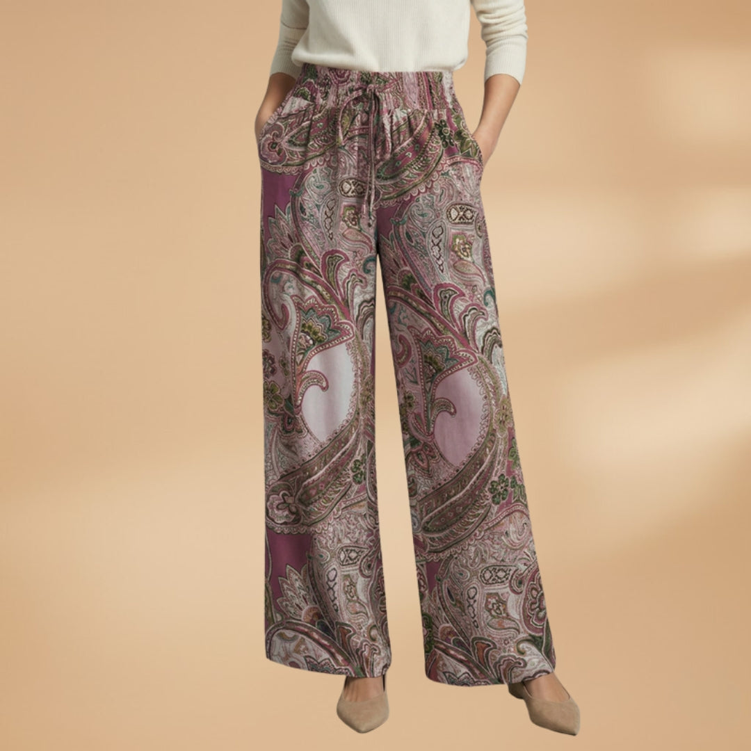 Women's Palazzo Pants with Elastic Waistband and Printed Surface