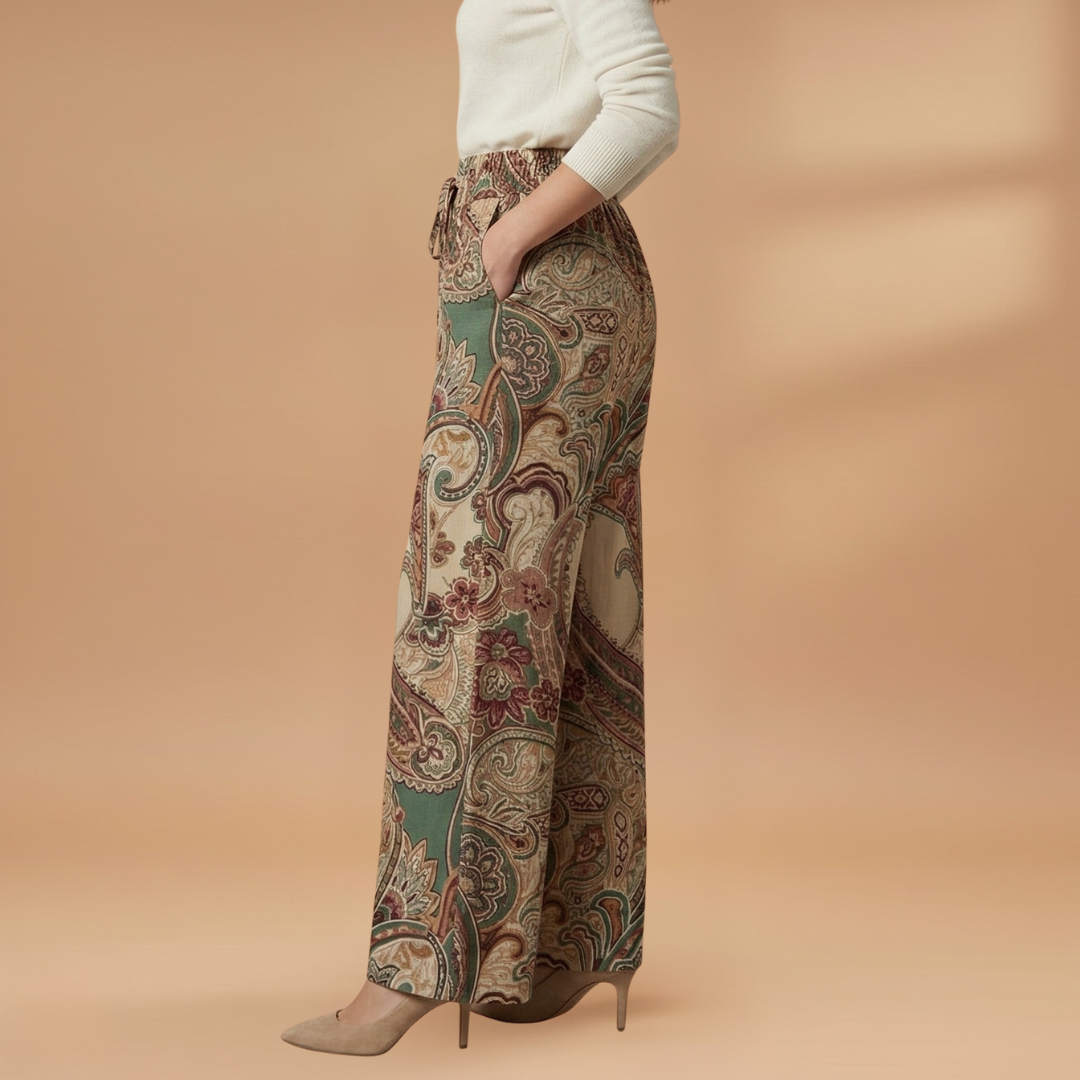Women's Palazzo Pants with Elastic Waistband and Printed Surface