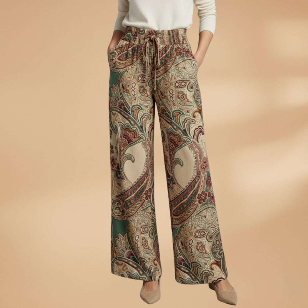 Women's Palazzo Pants with Elastic Waistband and Printed Surface