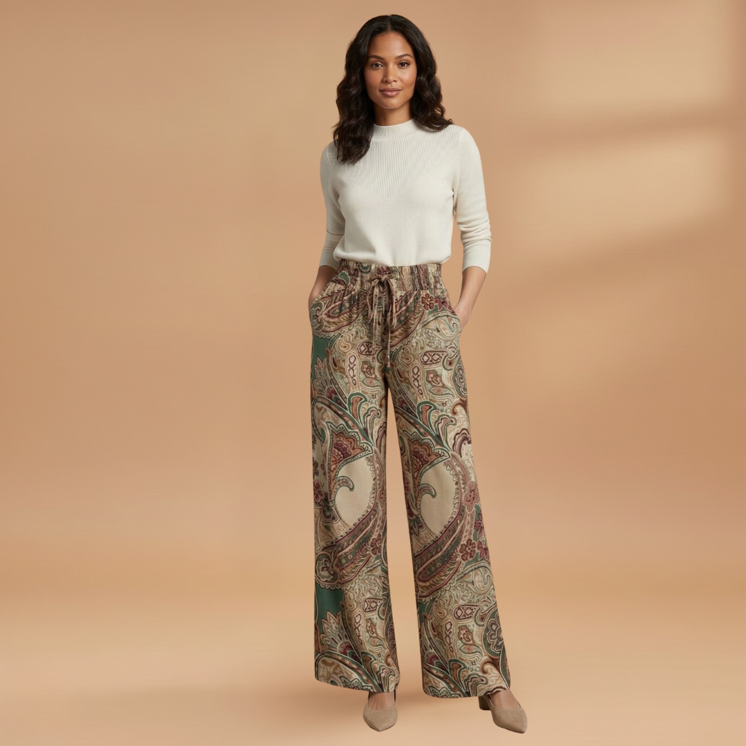Women's Palazzo Pants with Elastic Waistband and Printed Surface