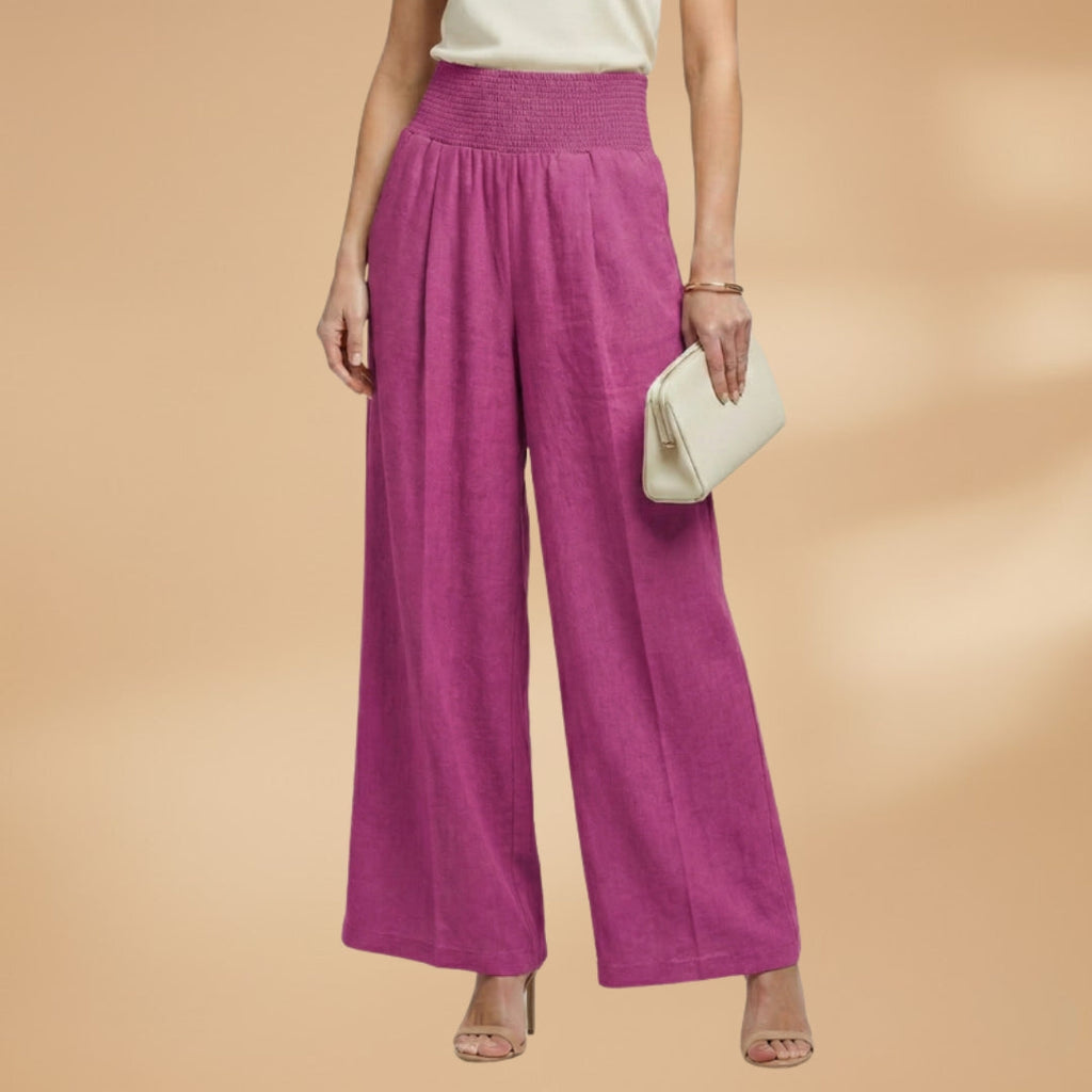 Women's Palazzo Trousers with Elastic Waistband and Pleats
