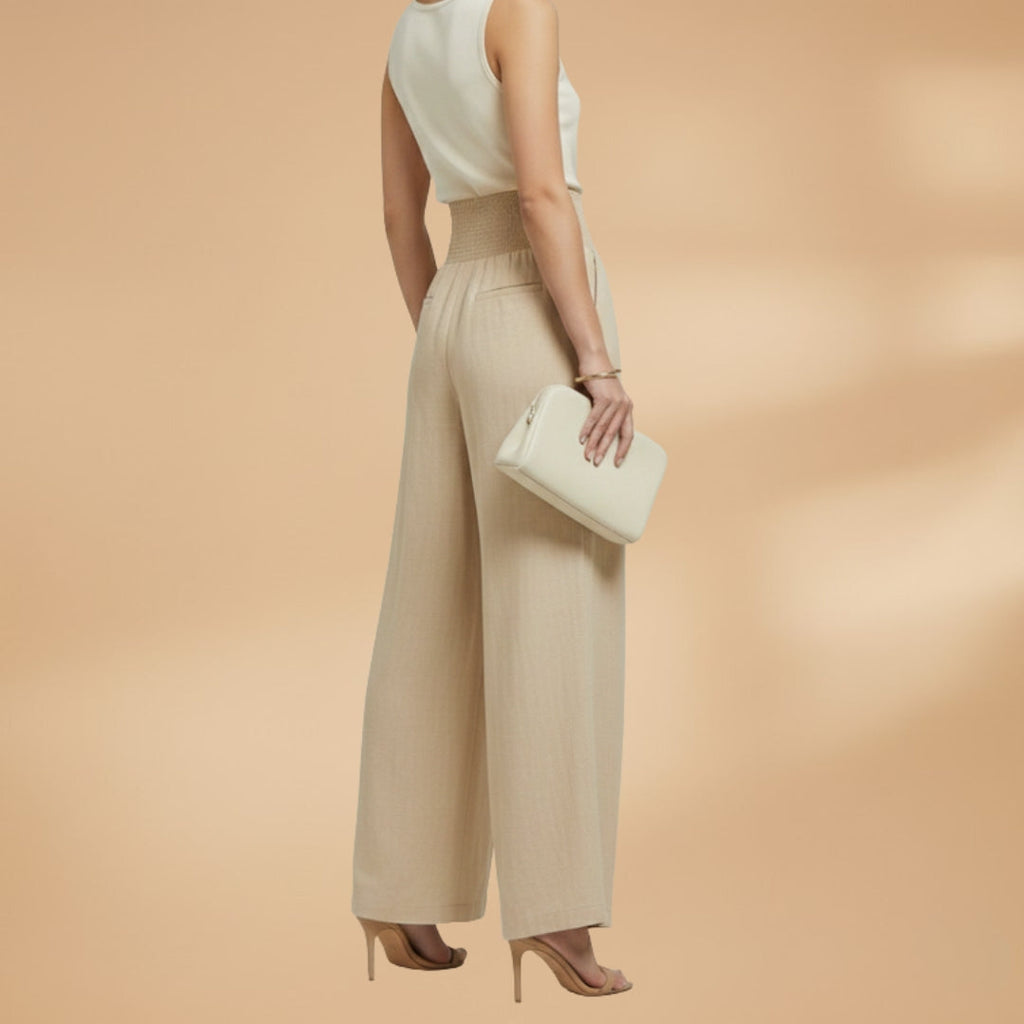 Women's Palazzo Trousers with Elastic Waistband and Pleats