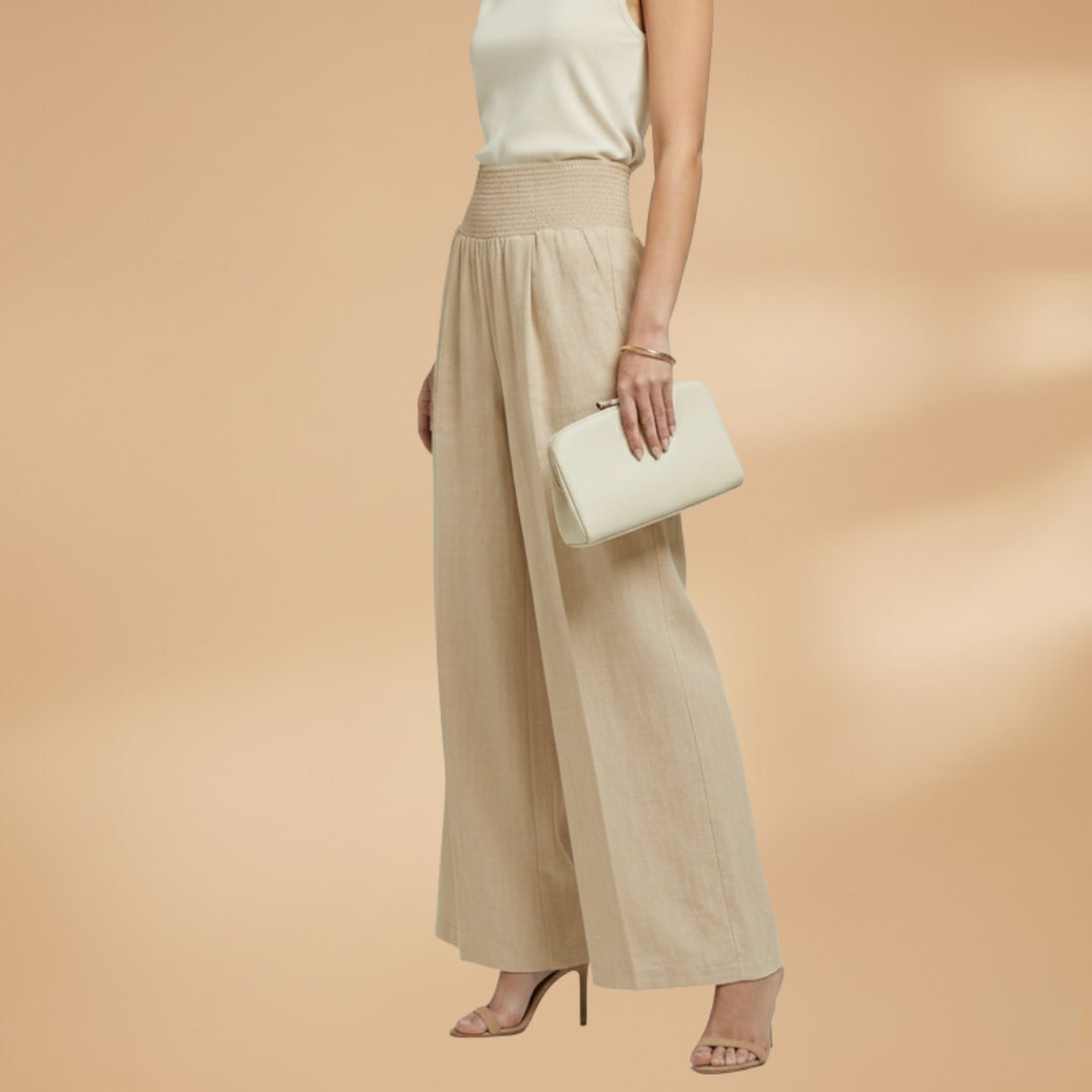 Women's Palazzo Trousers with Elastic Waistband and Pleats