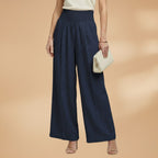 Women's Palazzo Trousers with Elastic Waistband and Pleats