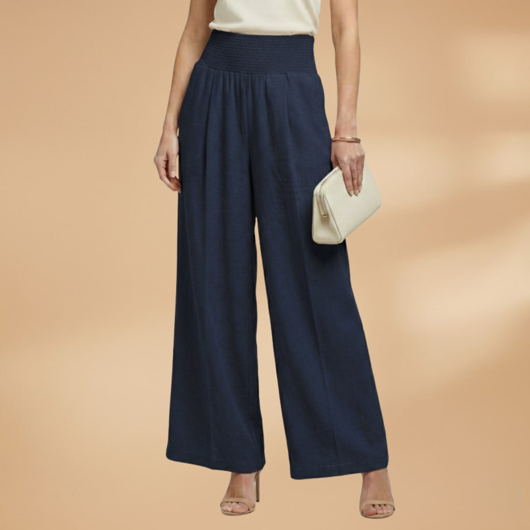 Women's Palazzo Trousers with Elastic Waistband and Pleats