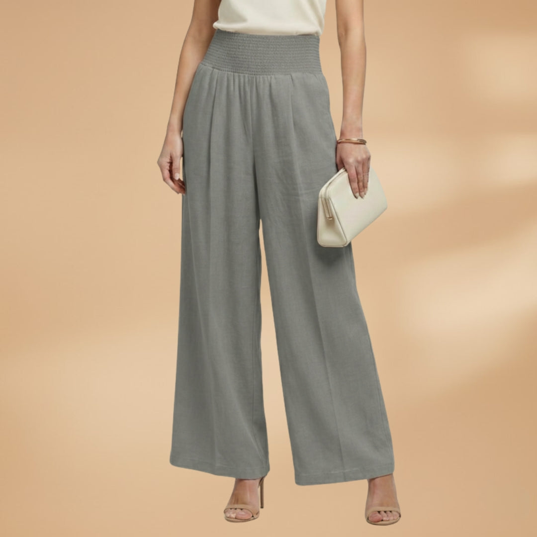 Women's Palazzo Trousers with Elastic Waistband and Pleats