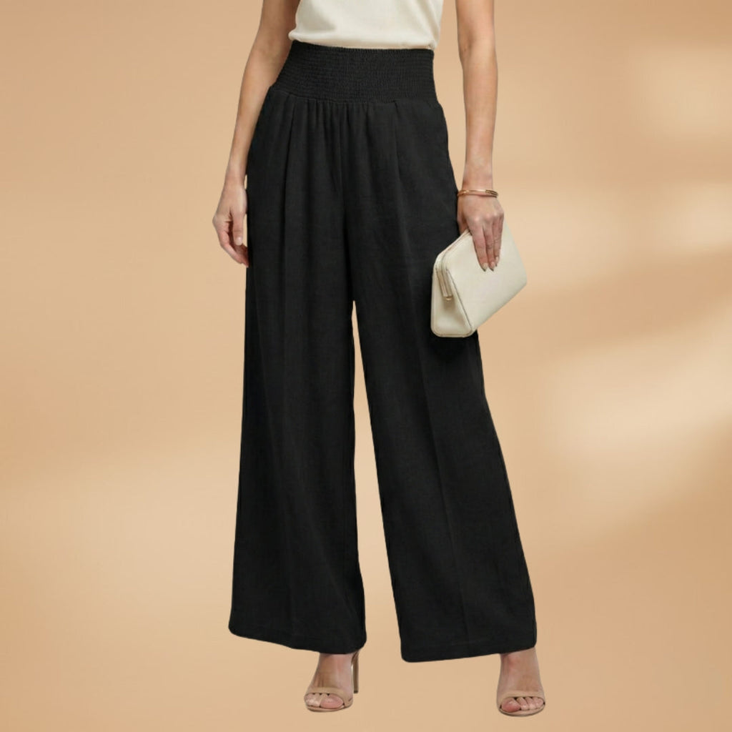 Women's Palazzo Trousers with Elastic Waistband and Pleats