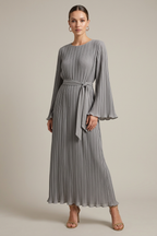 Women's Pleated Maxi Dress - Crew Neck Bell Sleeve Belted
