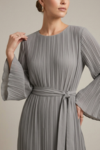 Women's Pleated Maxi Dress - Crew Neck Bell Sleeve Belted