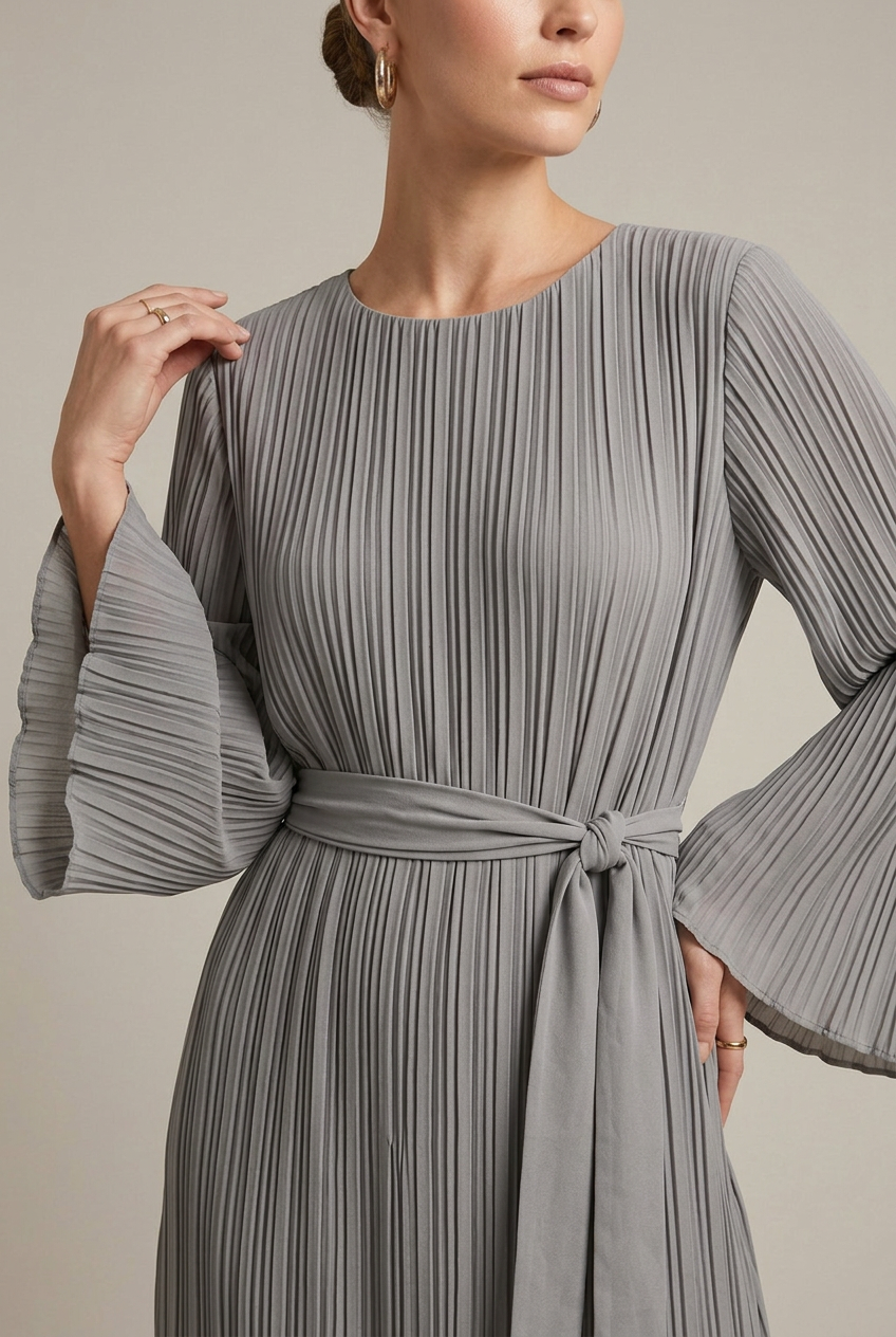 Women's Pleated Maxi Dress - Crew Neck Bell Sleeve Belted