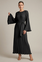 Women's Pleated Maxi Dress - Crew Neck Bell Sleeve Belted