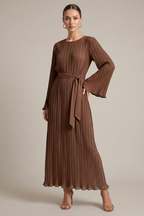 Women's Pleated Maxi Dress - Crew Neck Bell Sleeve Belted