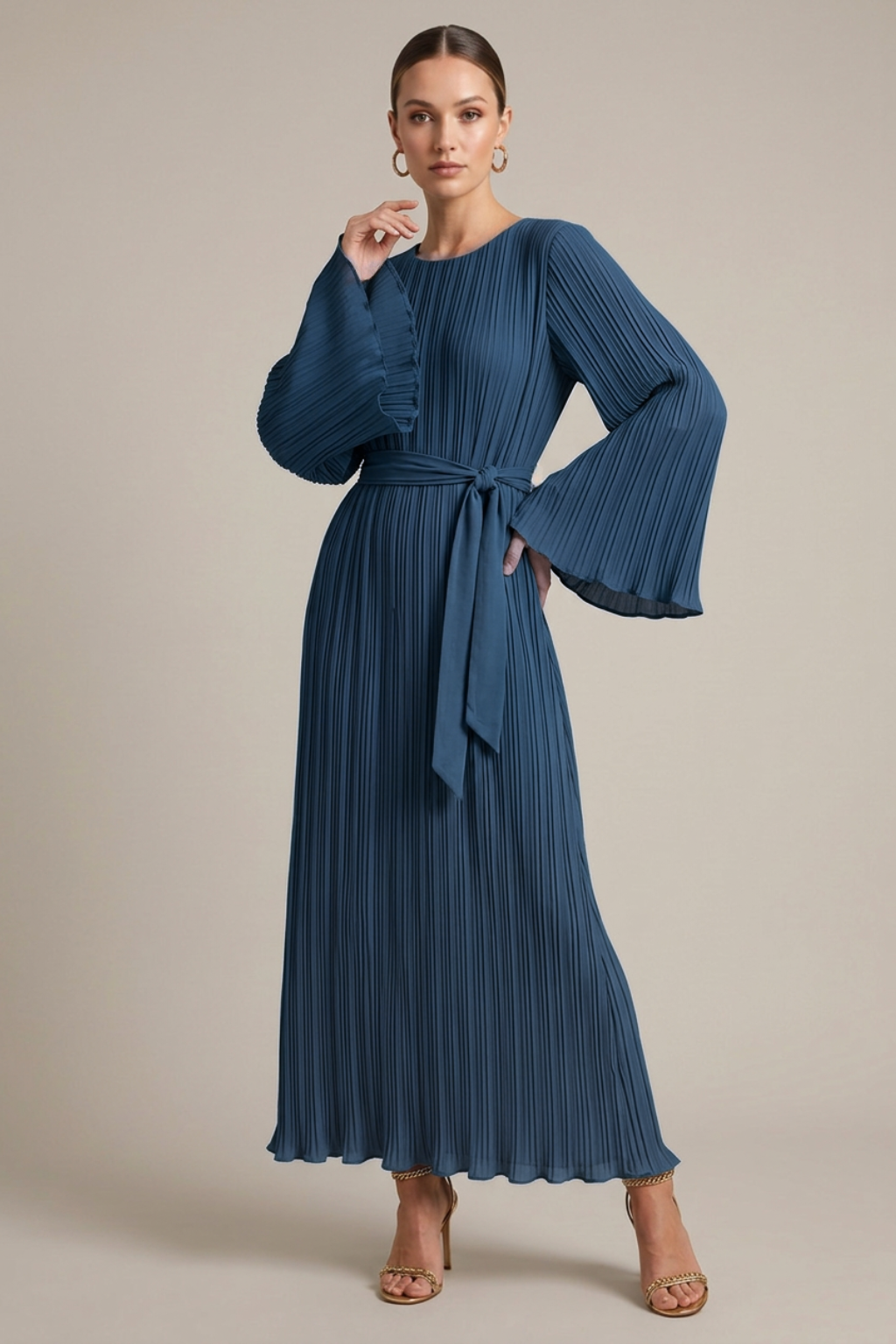 Women's Pleated Maxi Dress - Crew Neck Bell Sleeve Belted