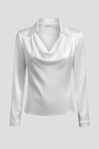 Women’s Satin Blouse with Draped Collar and Long Sleeves