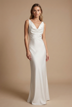 Women's Satin Cowl Neck Maxi Dress - Sleeveless Slip Dress with Deep V Drape and Open Back - Formal Maxi Dress