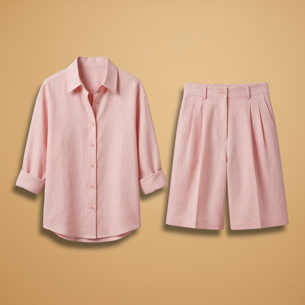 Women’s Shirt and Shorts Set with High‑Waist Pleated Shorts