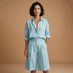 Women’s Shirt and Shorts Set with High‑Waist Pleated Shorts