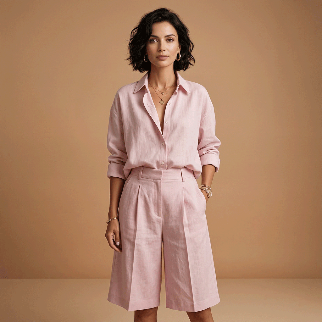 Women’s Shirt and Shorts Set with High‑Waist Pleated Shorts